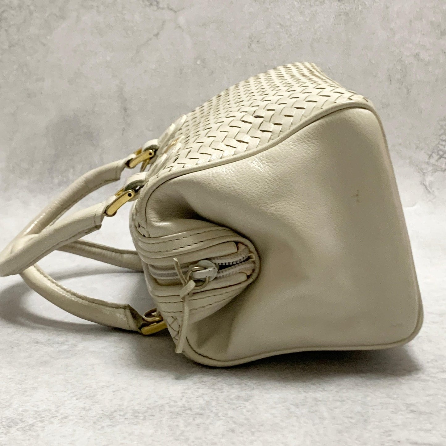 FENDI Bag FF Boston Hand Tote Purse Leather White Gold Used Authentic