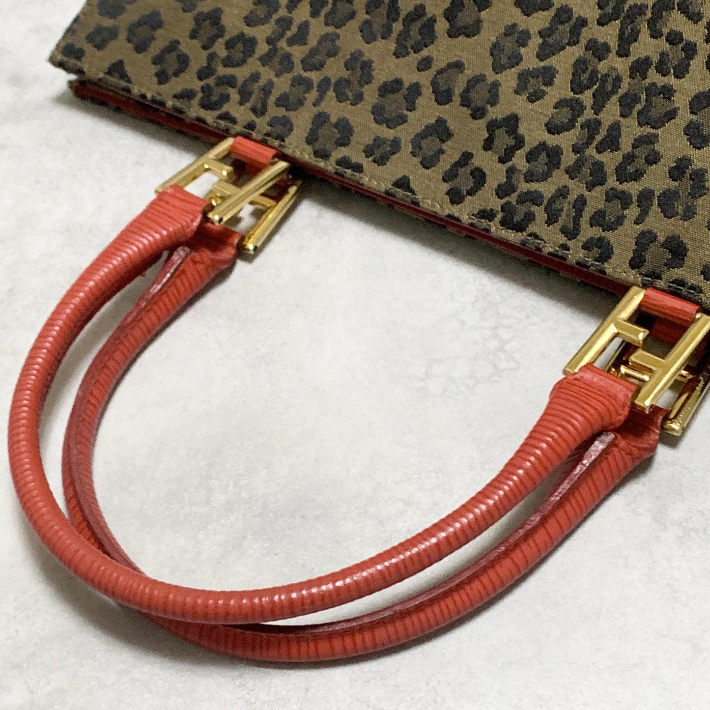 FENDI Bag Leopard Hand Tote Purse Canvas Brown Leather Red Gold Authentic