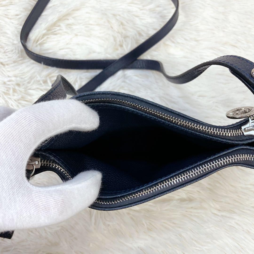 Longchamp Shoulder Bag Purse Leather Navy Authentic