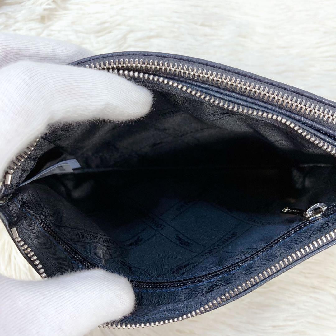 Longchamp Shoulder Bag Purse Leather Navy Authentic