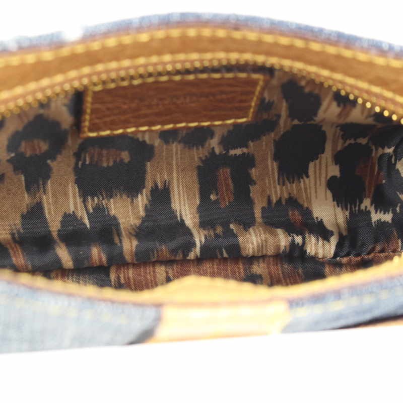 Dolce & Gabbana Shoulder Bag Purse Leopard Denim Leather Navy Brown Authentic