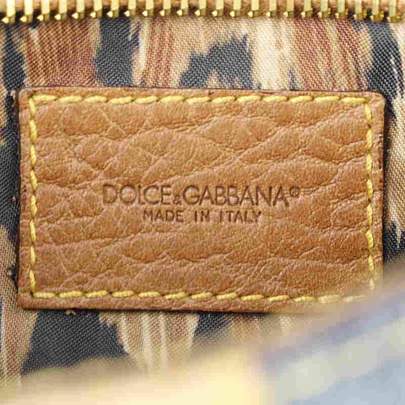 Dolce & Gabbana Shoulder Bag Purse Leopard Denim Leather Navy Brown Authentic