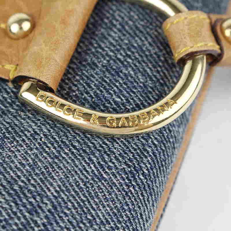 Dolce & Gabbana Shoulder Bag Purse Leopard Denim Leather Navy Brown Authentic