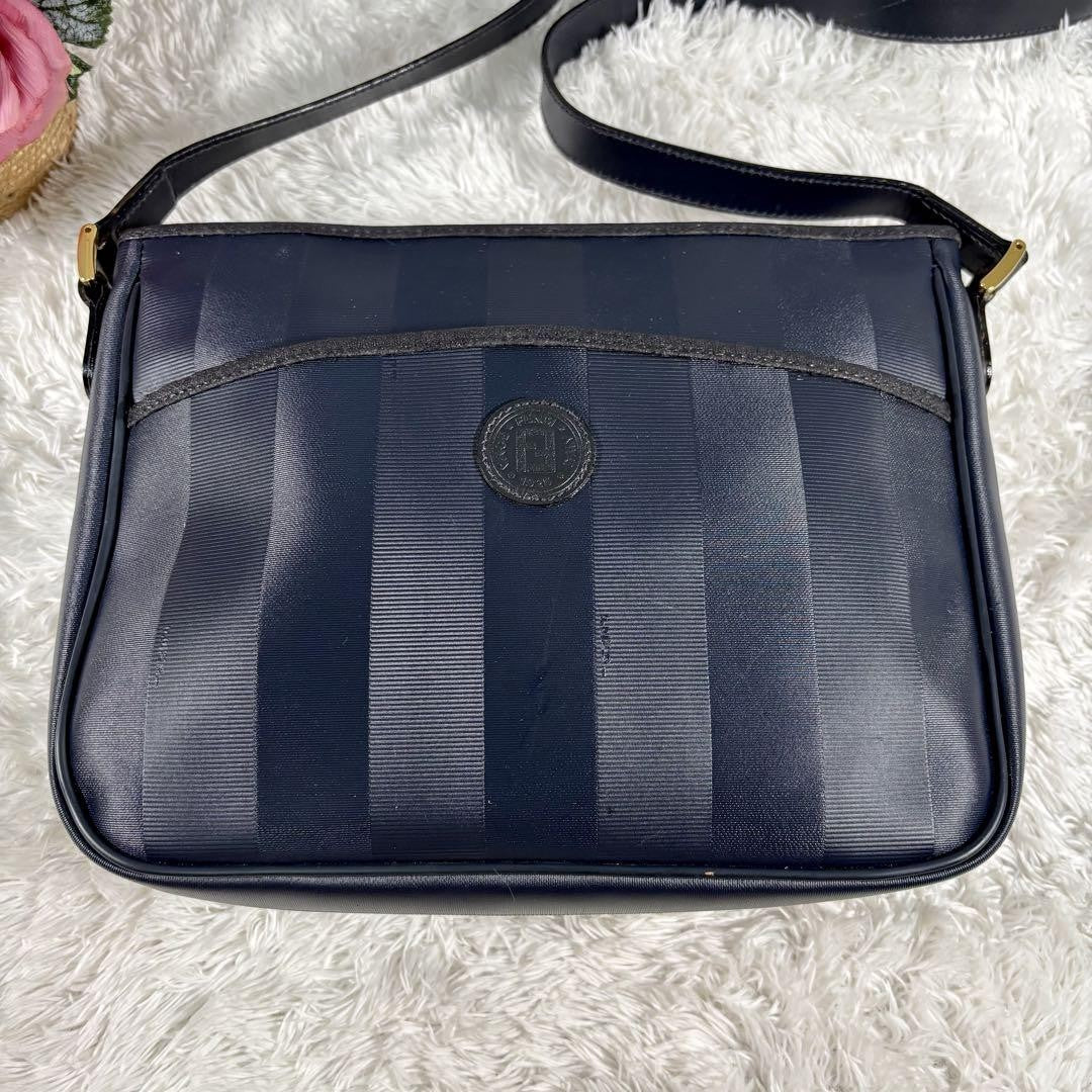 FENDI Shoulder Bag Purse Pecan PVC Leather Navy Authentic