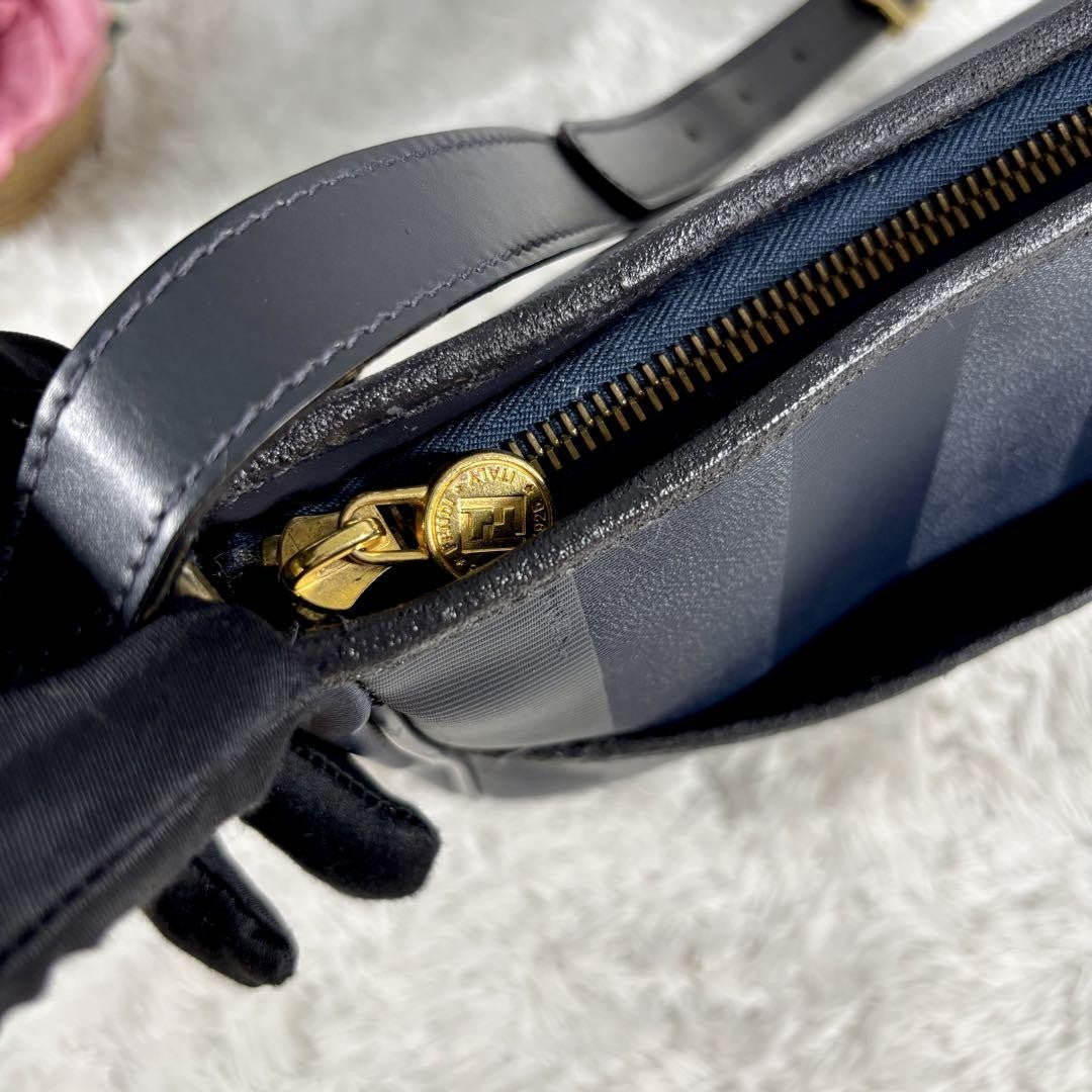 FENDI Shoulder Bag Purse Pecan PVC Leather Navy Authentic