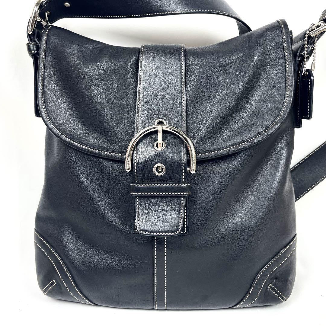 COACH Shoulder Bag Purse Leather Black Beige Authentic