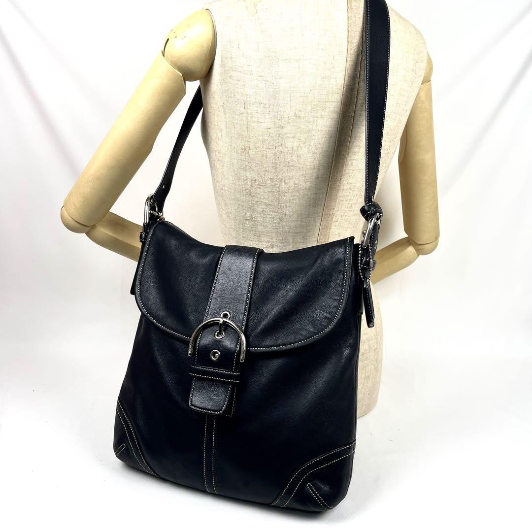 COACH Shoulder Bag Purse Leather Black Beige Authentic