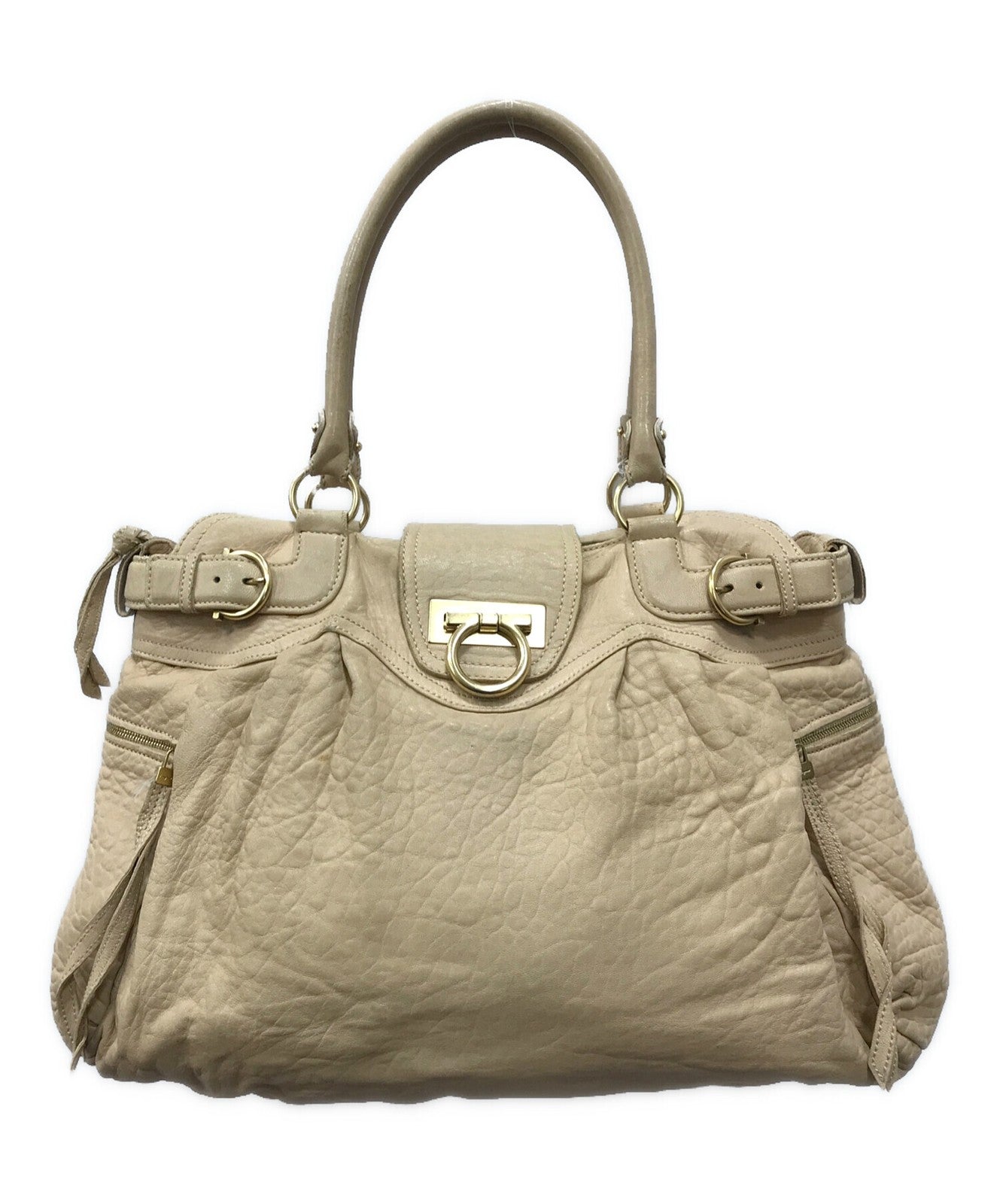 Salvatore Ferragamo Hand Bag Tote Purse Gancini Beige Authentic
