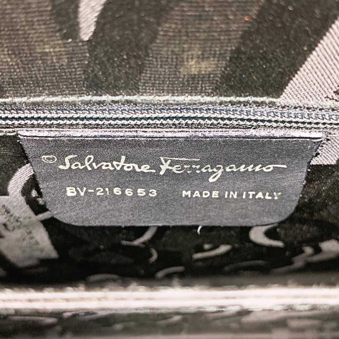 Salvatore Ferragamo Hand Bag Tote Purse Gancini Patent Leather Black Authentic