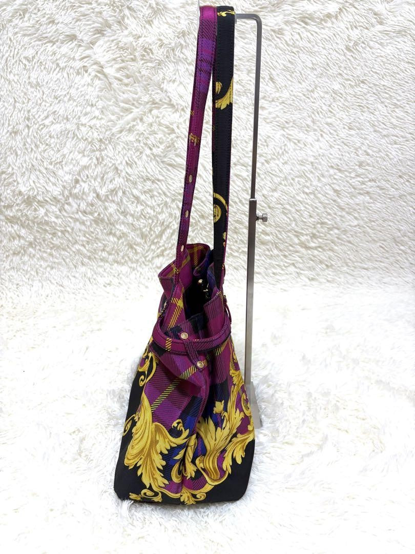VERSACE Hand Bag Tote Purse Nylon Canvas Multicolor Pink Authentic