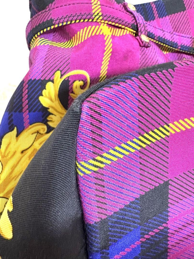 VERSACE Hand Bag Tote Purse Nylon Canvas Multicolor Pink Authentic