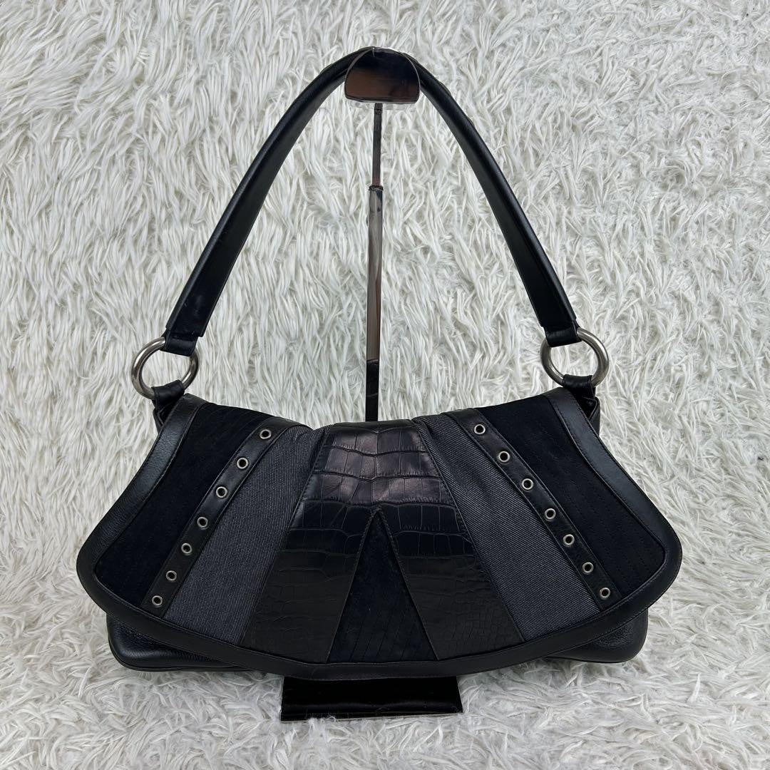 VERSACE Shoulder Bag Purse Leather Suede Black Authentic