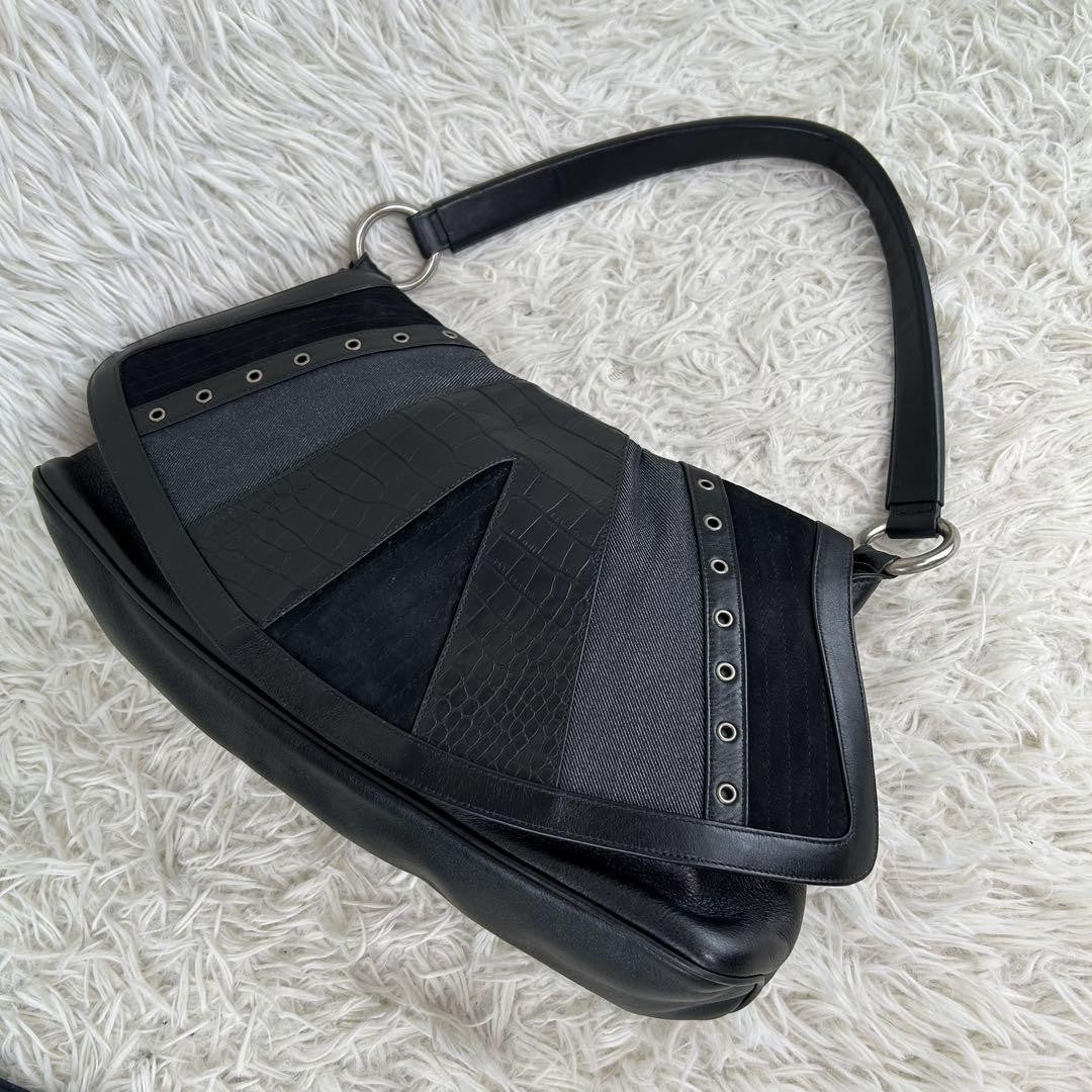 VERSACE Shoulder Bag Purse Leather Suede Black Authentic