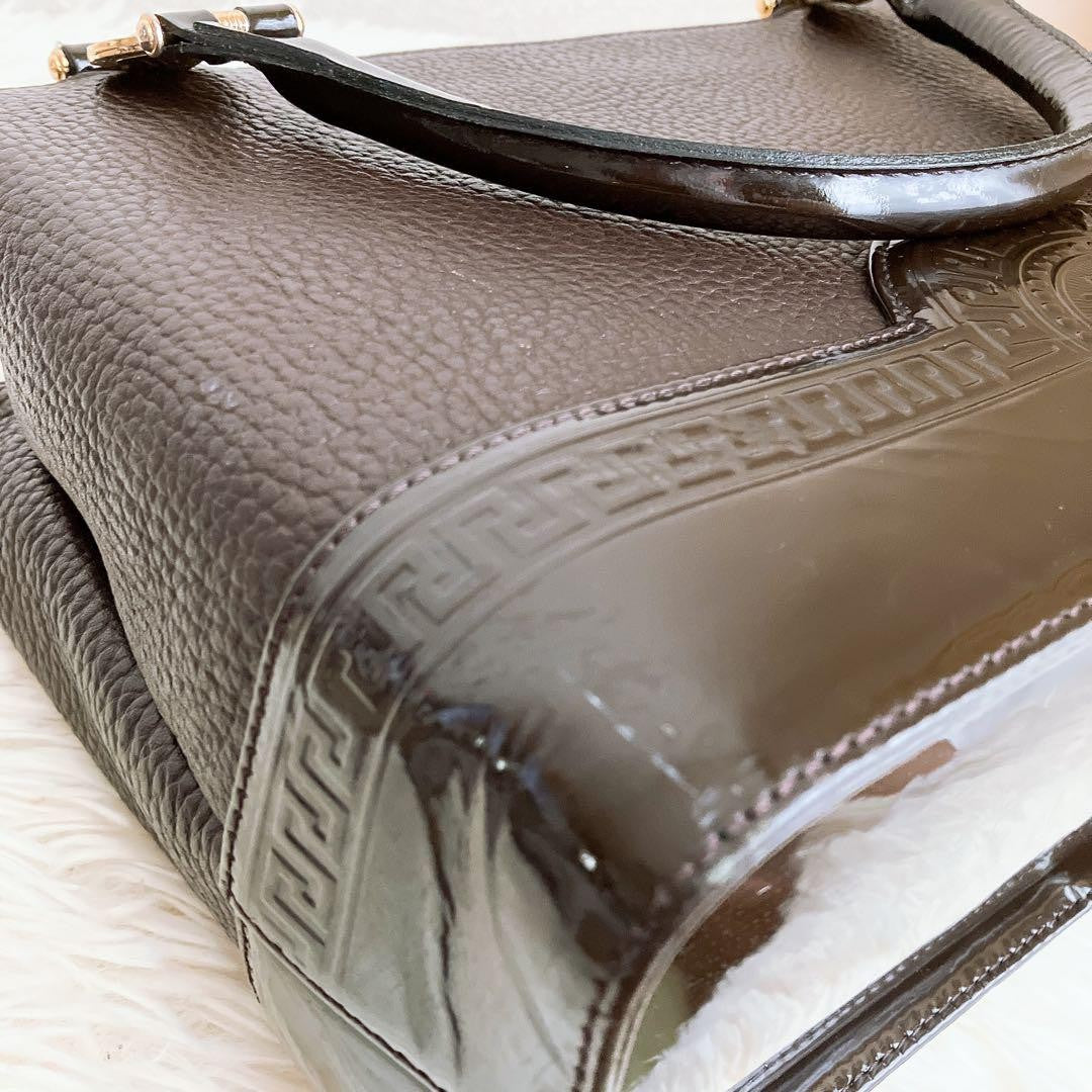 VERSACE Hand Bag Tote Purse Sunburst Leather Brown Authentic