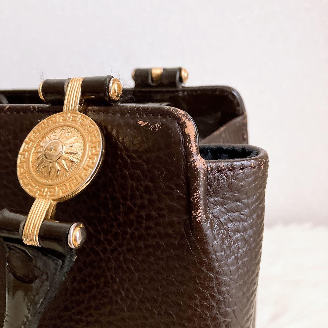 VERSACE Hand Bag Tote Purse Sunburst Leather Brown Authentic
