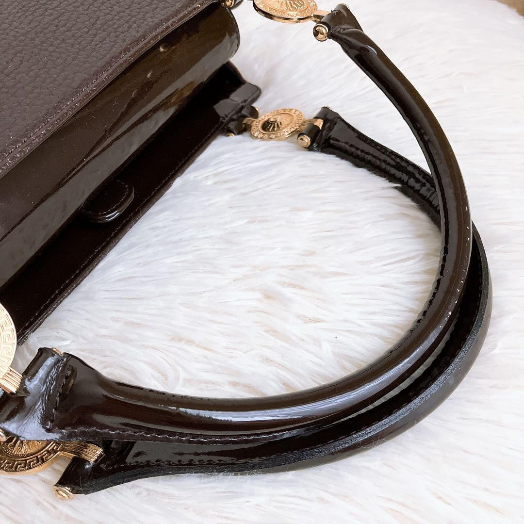 VERSACE Hand Bag Tote Purse Sunburst Leather Brown Authentic