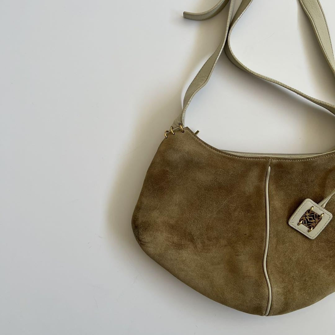 LOEWE Shoulder Bag Purse Suede Leather Beige White Authentic