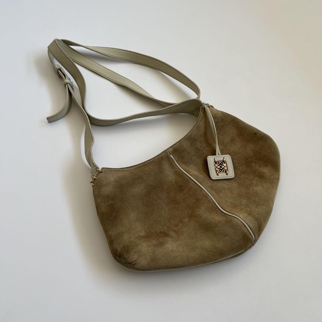 LOEWE Shoulder Bag Purse Suede Leather Beige White Authentic