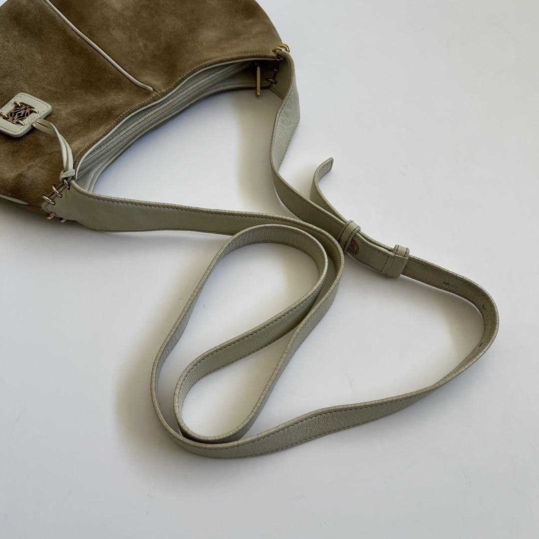 LOEWE Shoulder Bag Purse Suede Leather Beige White Authentic