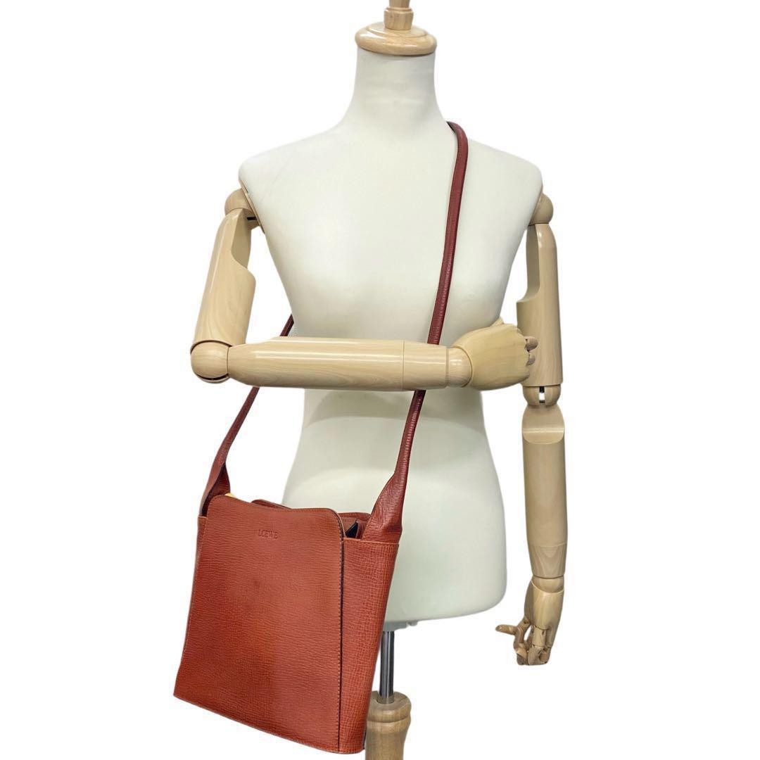 LOEWE Shoulder Bag Purse Logo Leather Orange Authentic