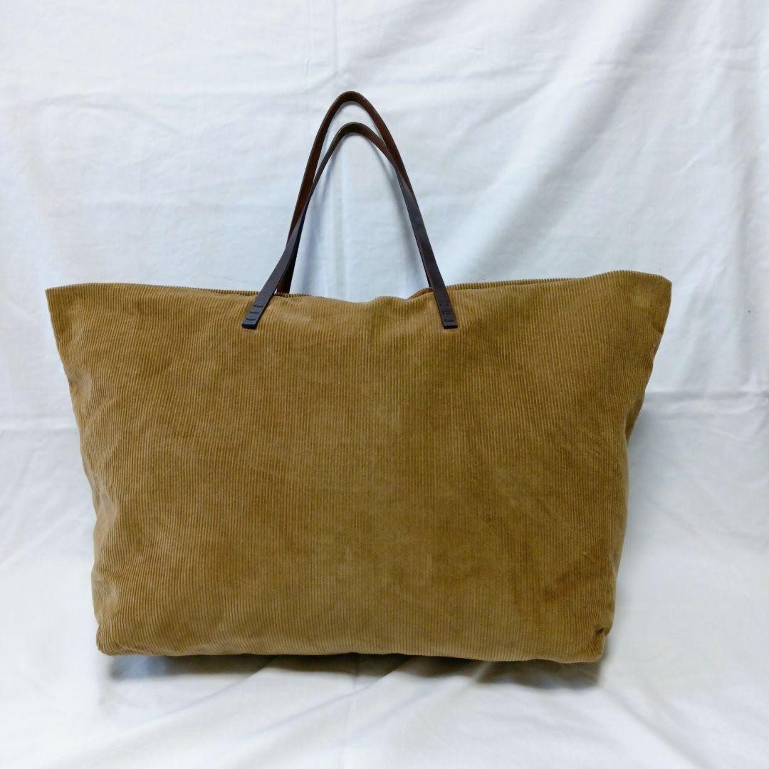 FENDI Hand Bag Tote Purse Corduroy Canvas Leather Beige Brown Authentic