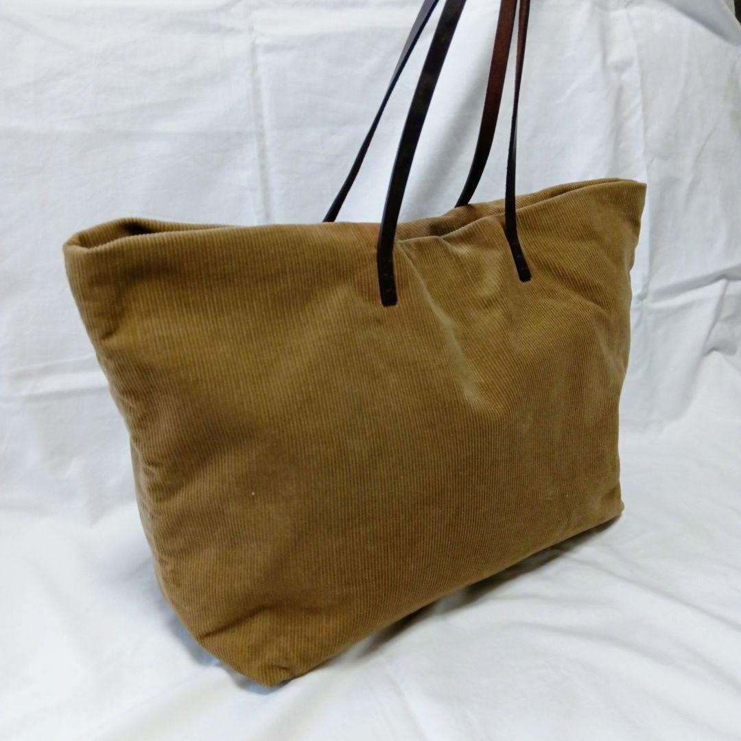 FENDI Hand Bag Tote Purse Corduroy Canvas Leather Beige Brown Authentic