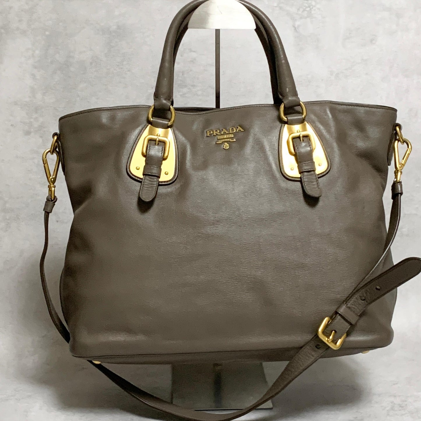 PRADA Bag Logo Shoulder Hand Tote Purse Leather Gray Gold Used Authentic