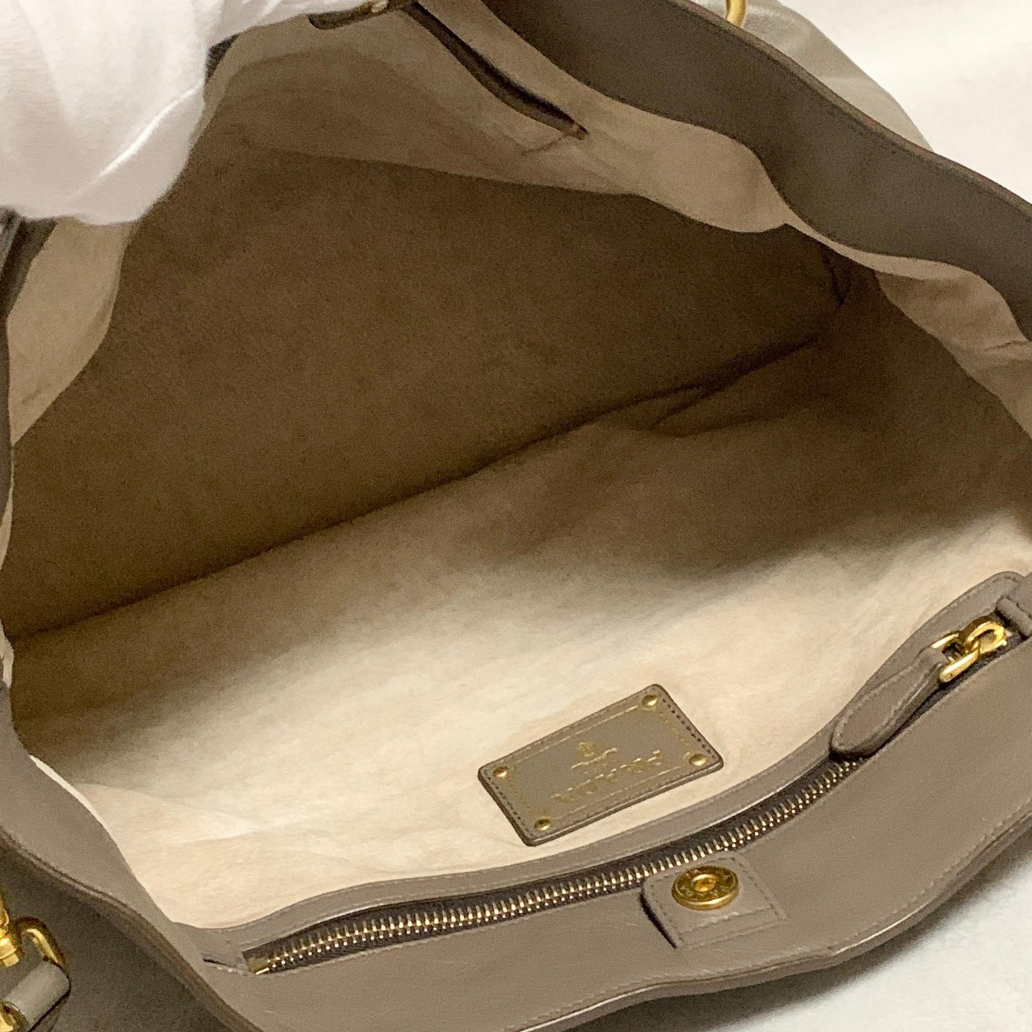 PRADA Bag Logo Shoulder Hand Tote Purse Leather Gray Gold Used Authentic
