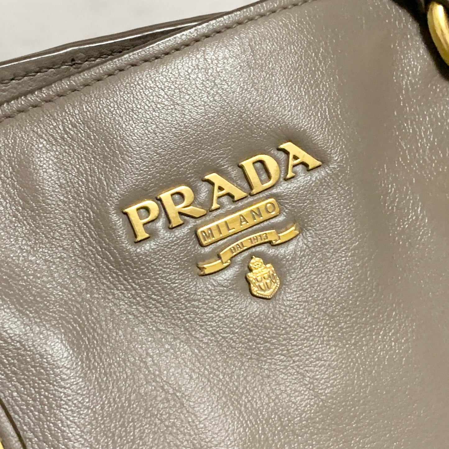 PRADA Bag Logo Shoulder Hand Tote Purse Leather Gray Gold Used Authentic