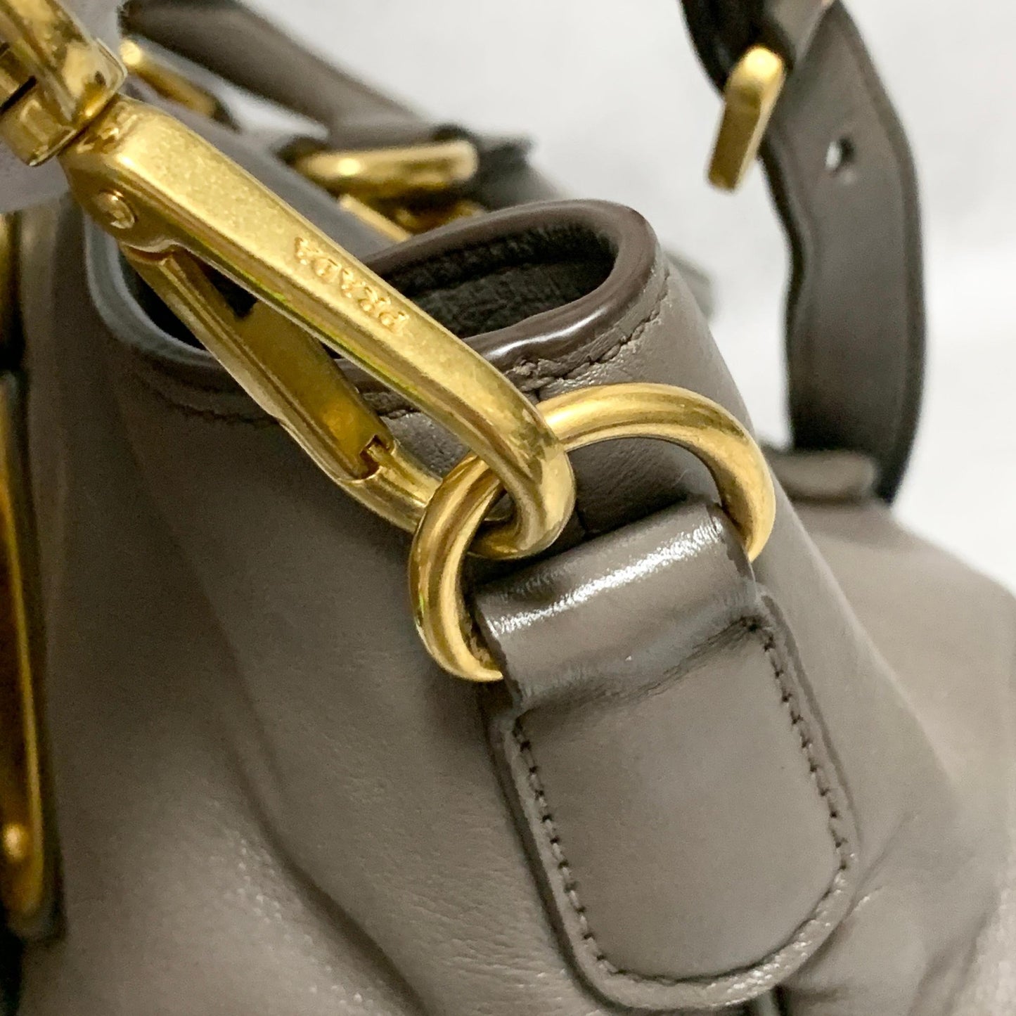 PRADA Bag Logo Shoulder Hand Tote Purse Leather Gray Gold Used Authentic