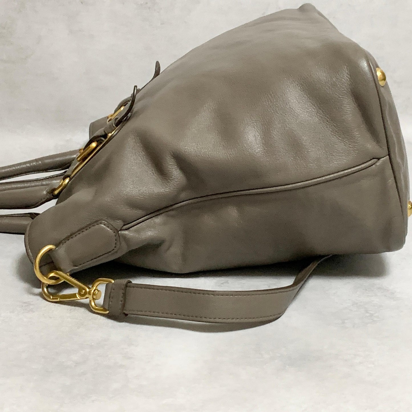 PRADA Bag Logo Shoulder Hand Tote Purse Leather Gray Gold Used Authentic