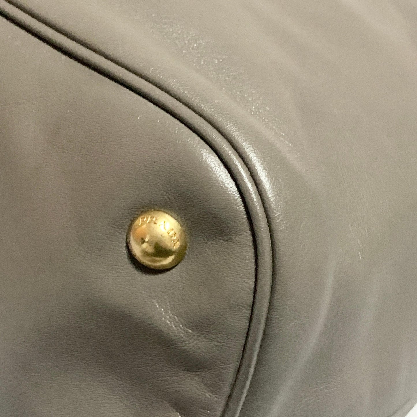 PRADA Bag Logo Shoulder Hand Tote Purse Leather Gray Gold Used Authentic