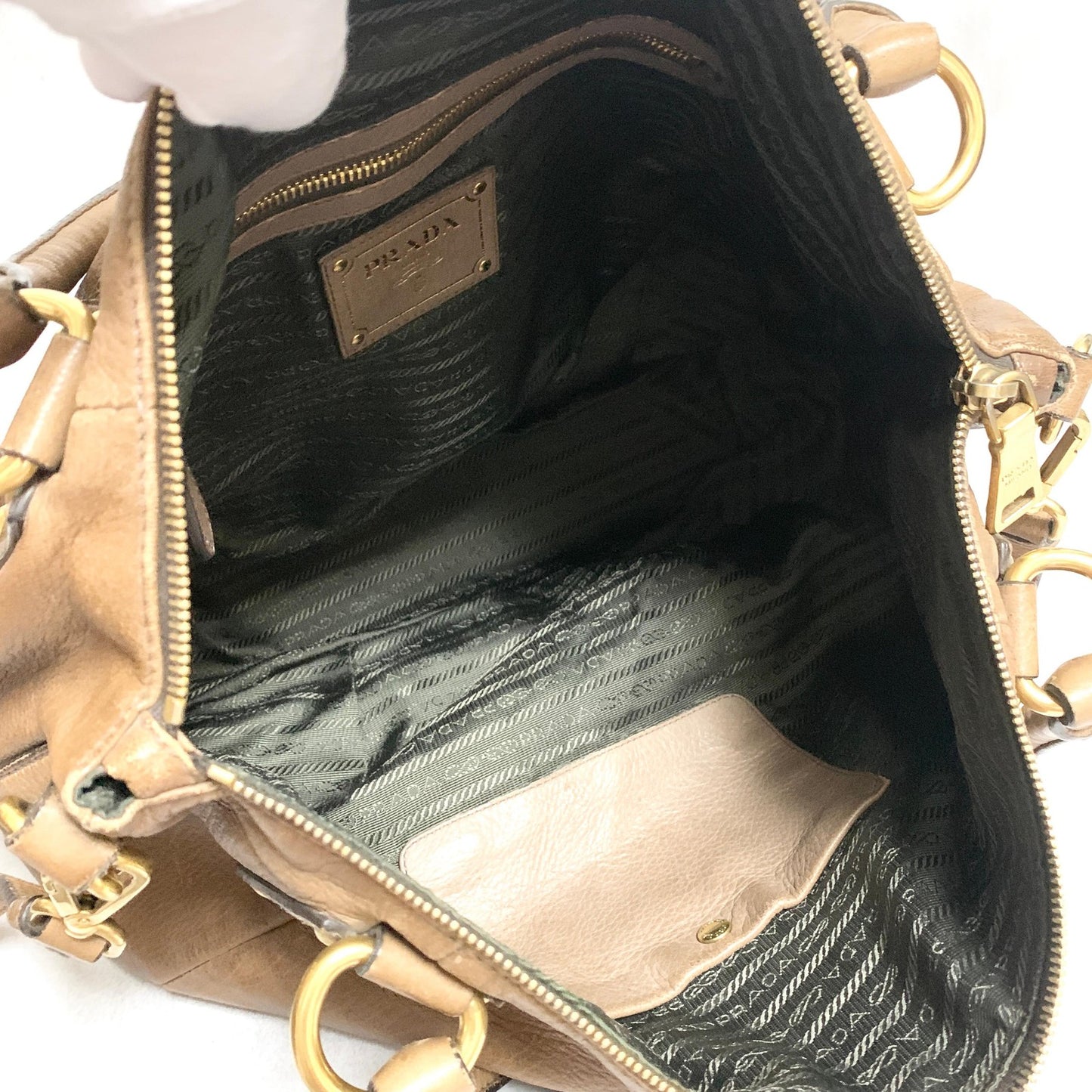 PRADA Bag convertible Shoulder Hand Tote Logo Purse Leather Brown Gold Used Auth
