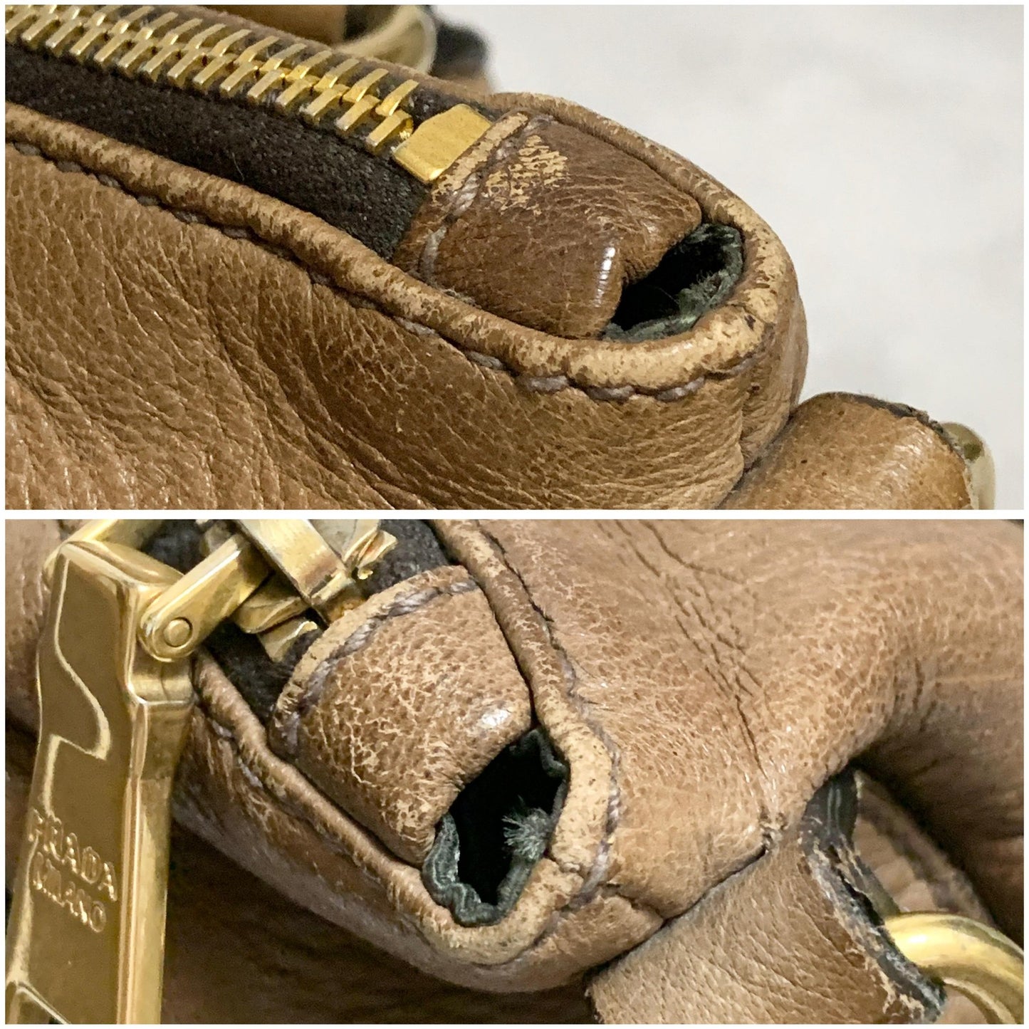 PRADA Bag convertible Shoulder Hand Tote Logo Purse Leather Brown Gold Used Auth