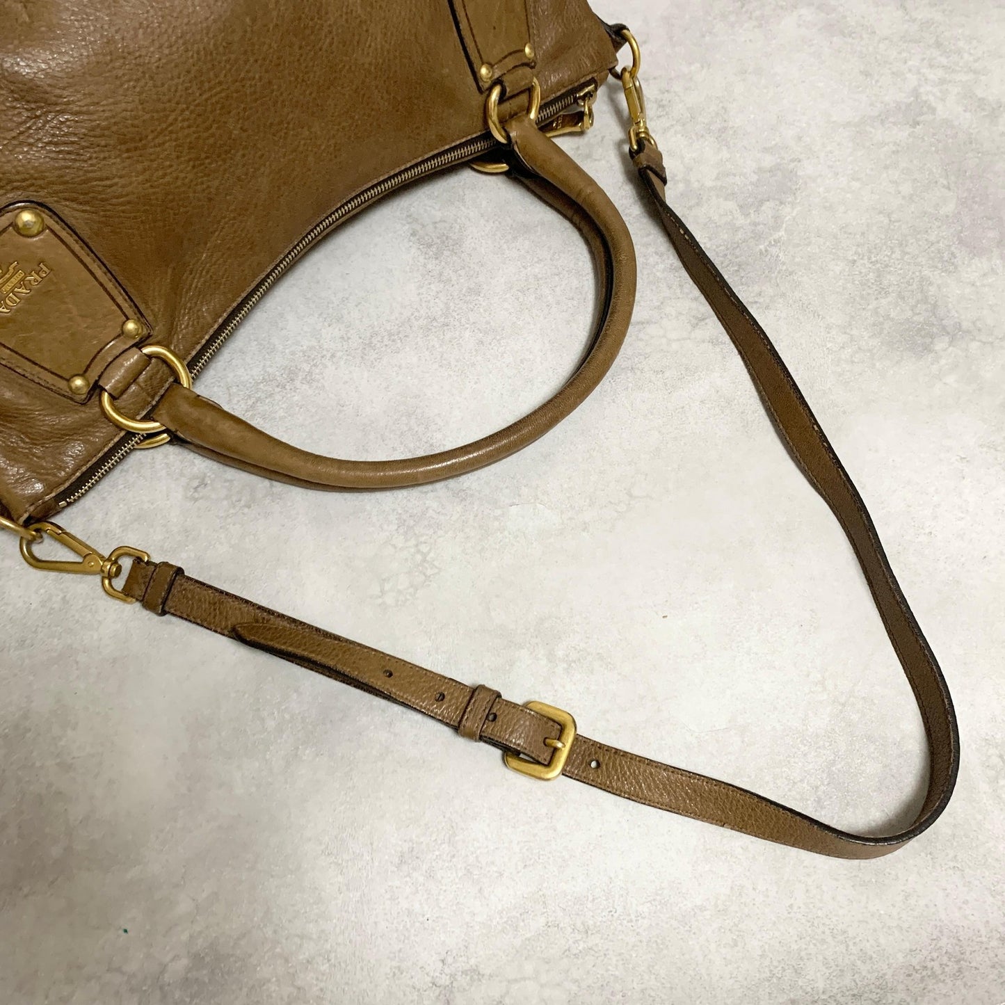 PRADA Bag convertible Shoulder Hand Tote Logo Purse Leather Brown Gold Used Auth