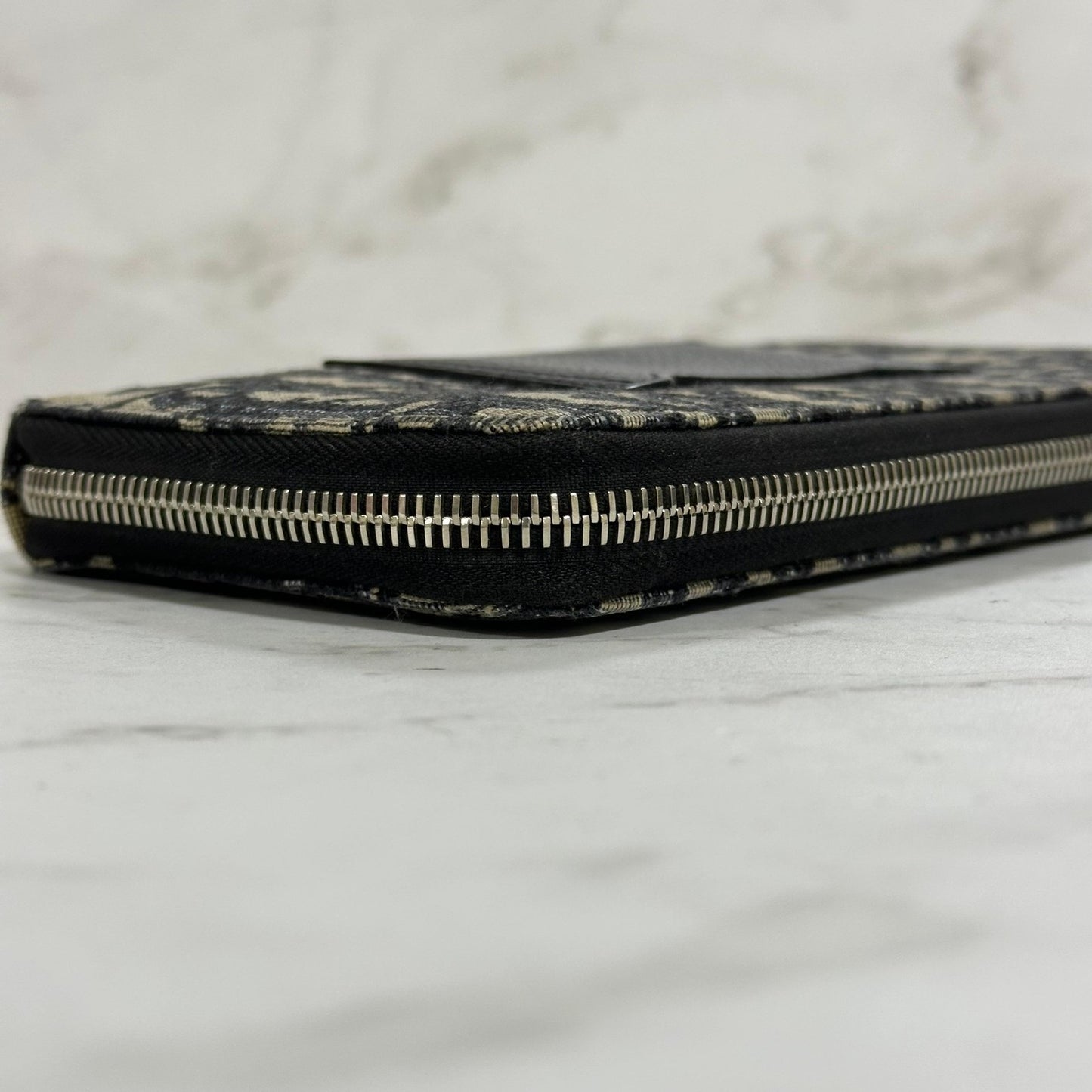 Christian Dior Wallet Oblique Round Zip Long Purse Leather Canvas Beige Black