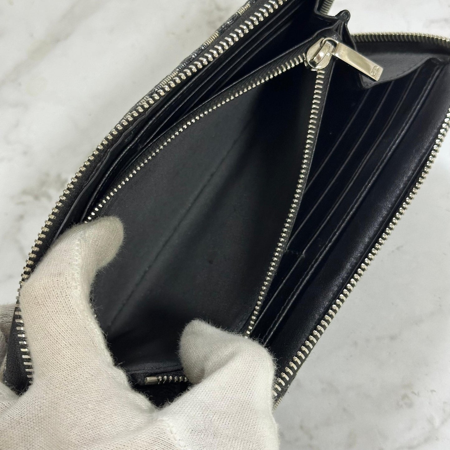 Christian Dior Wallet Oblique Round Zip Long Purse Leather Canvas Beige Black