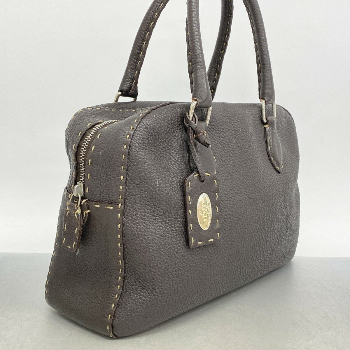 FENDI Hand Bag Tote Purse Selleria Leather Dark Brown Authentic