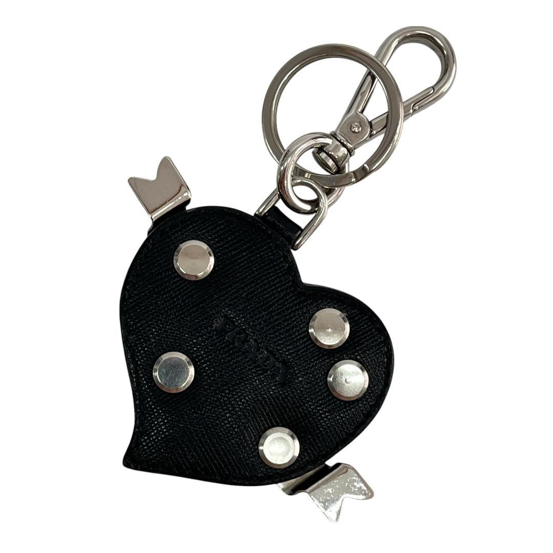 PRADA Key Ring Keychain Bag Charm Heart Leather Black Silver Authentic
