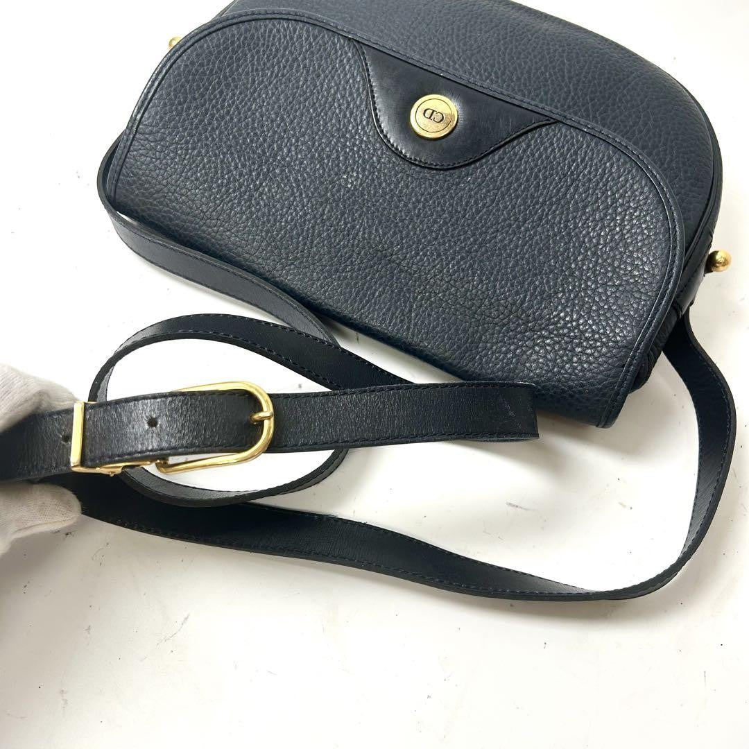 Christian Dior Shoulder Bag Purse CD Leather Dark Navy Authentic