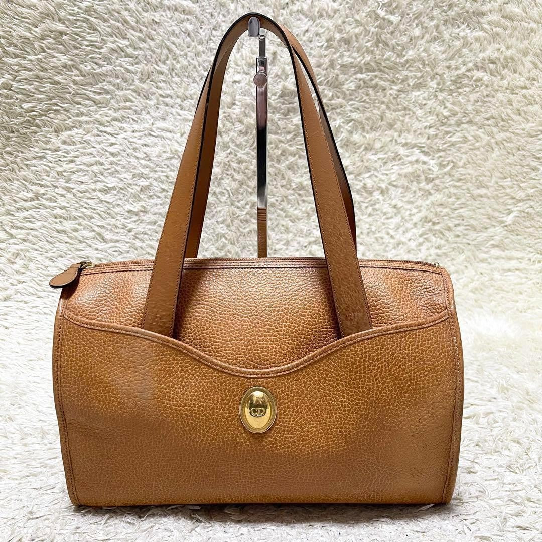 Christian Dior Hand Bag Tote Purse Mini Boston CD Leather Camel Authentic