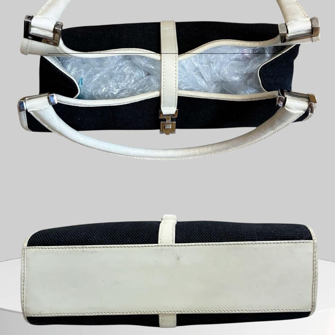 GUCCI Hand Bag Tote Purse Canvas Leather Black White Authentic