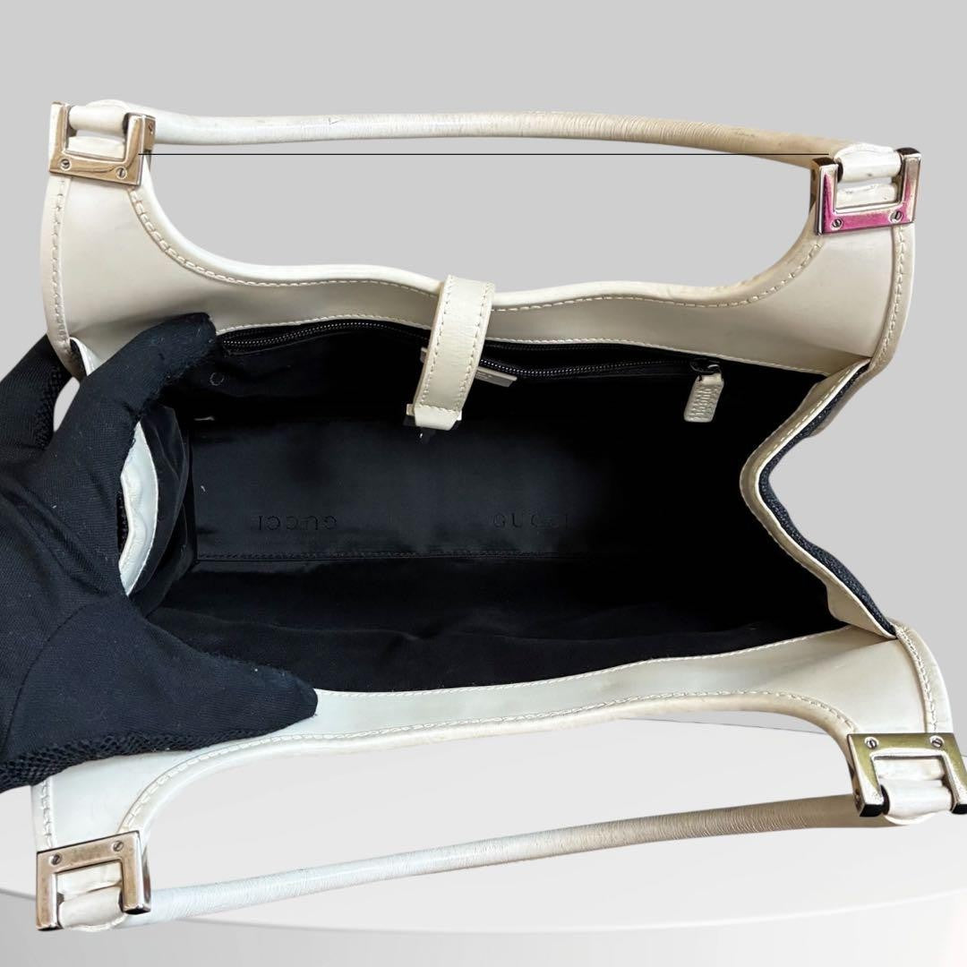 GUCCI Hand Bag Tote Purse Canvas Leather Black White Authentic