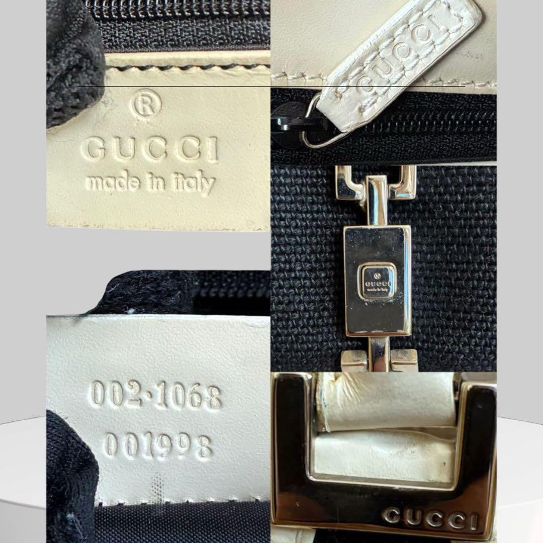 GUCCI Hand Bag Tote Purse Canvas Leather Black White Authentic