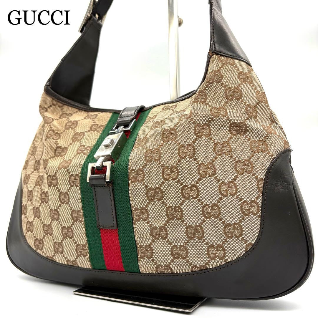 GUCCI Hand Bag Tote Purse Sherry Line GG Canvas Leather Beige Authentic
