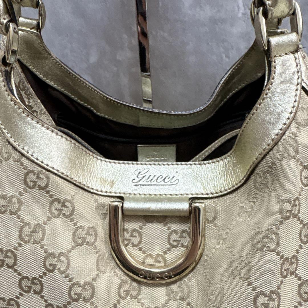 GUCCI Hand Bag Tote Purse GG Canvas Leather Brown Gold Authentic