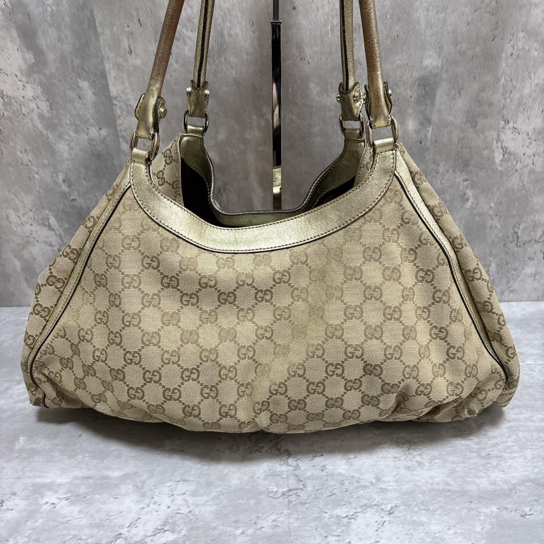 GUCCI Hand Bag Tote Purse GG Canvas Leather Brown Gold Authentic