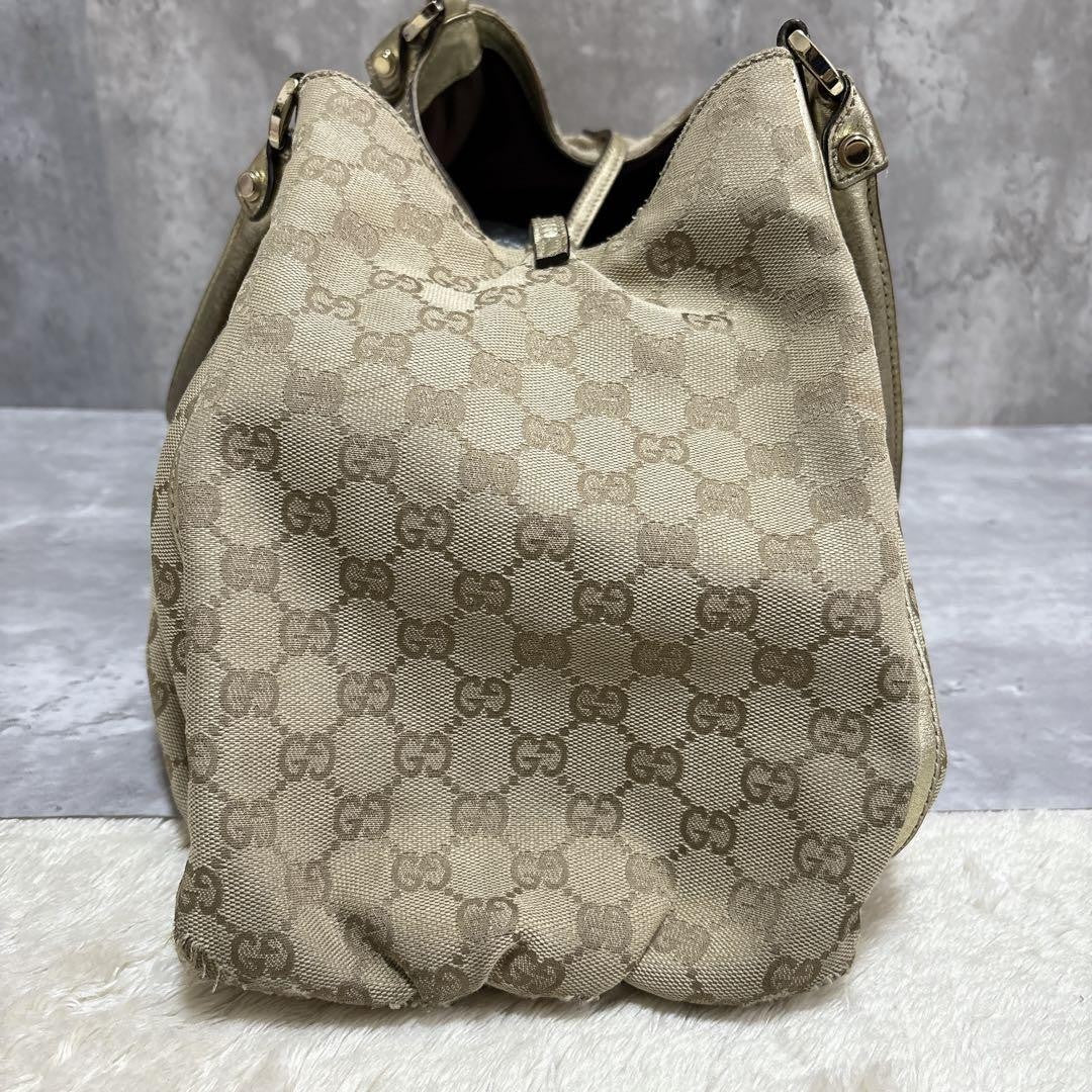 GUCCI Hand Bag Tote Purse GG Canvas Leather Brown Gold Authentic