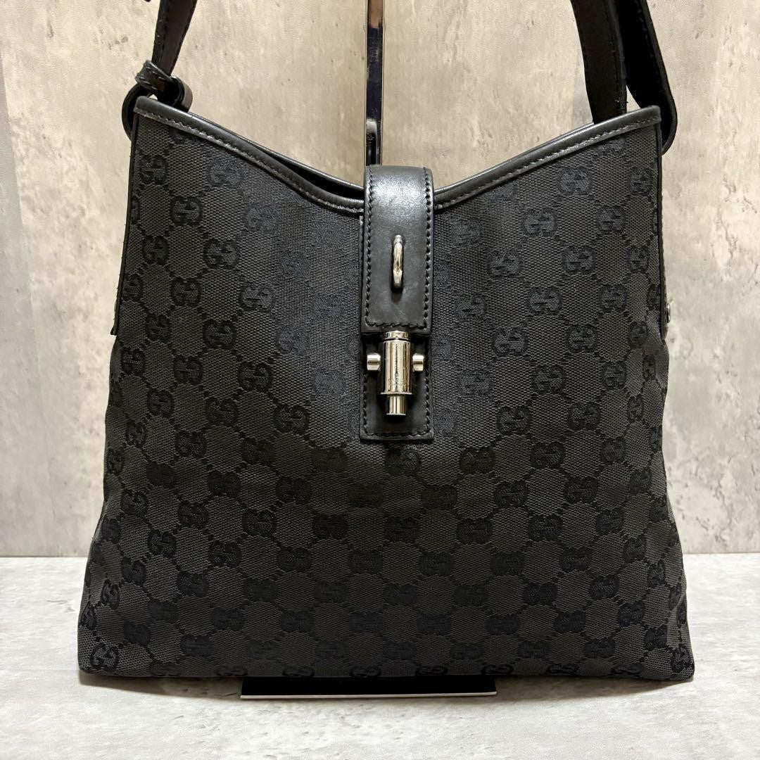 GUCCI Shoulder Bag Purse GG Canvas Leather Black Authentic