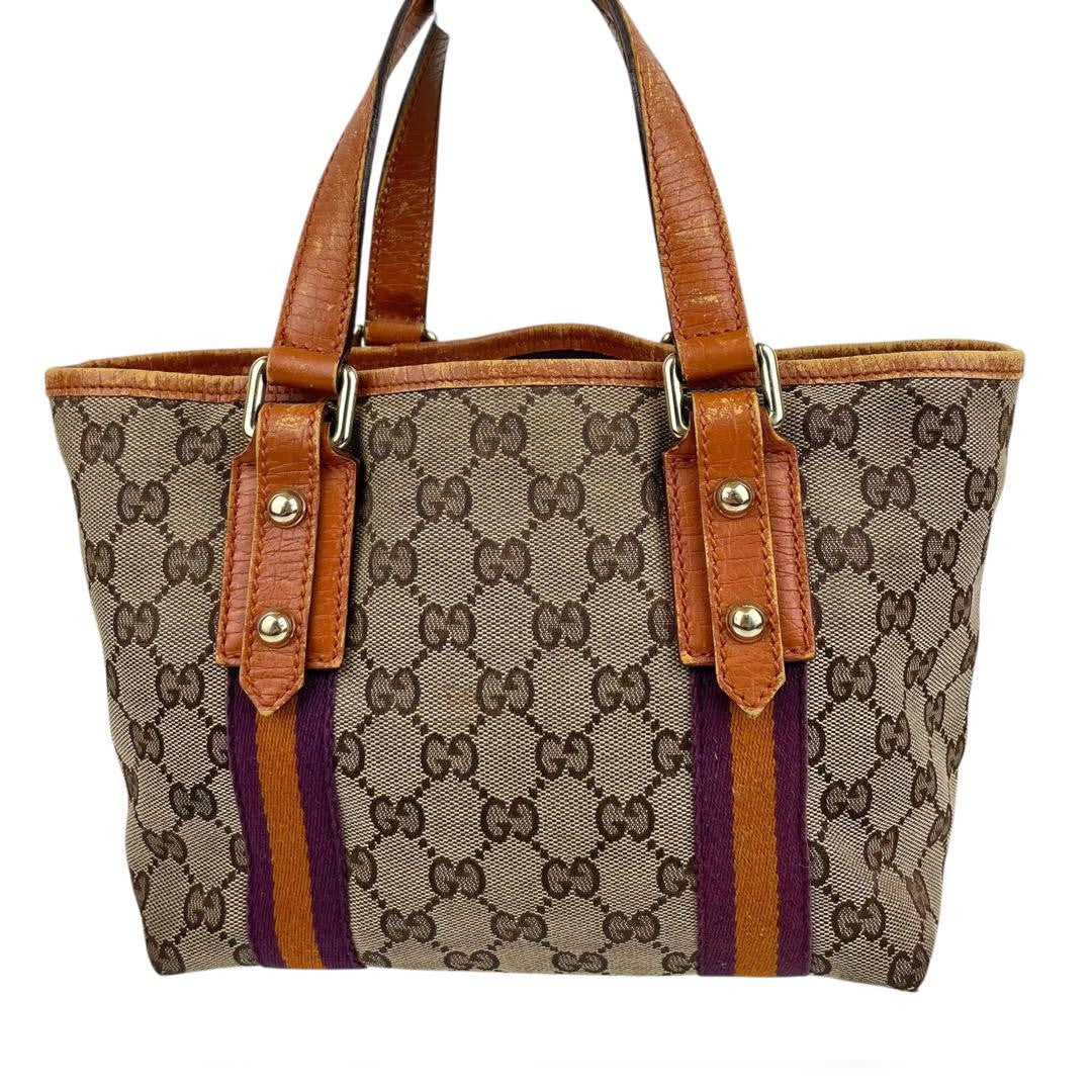 GUCCI Hand Bag Tote Purse Sherry Line GG Canvas Leather Authentic